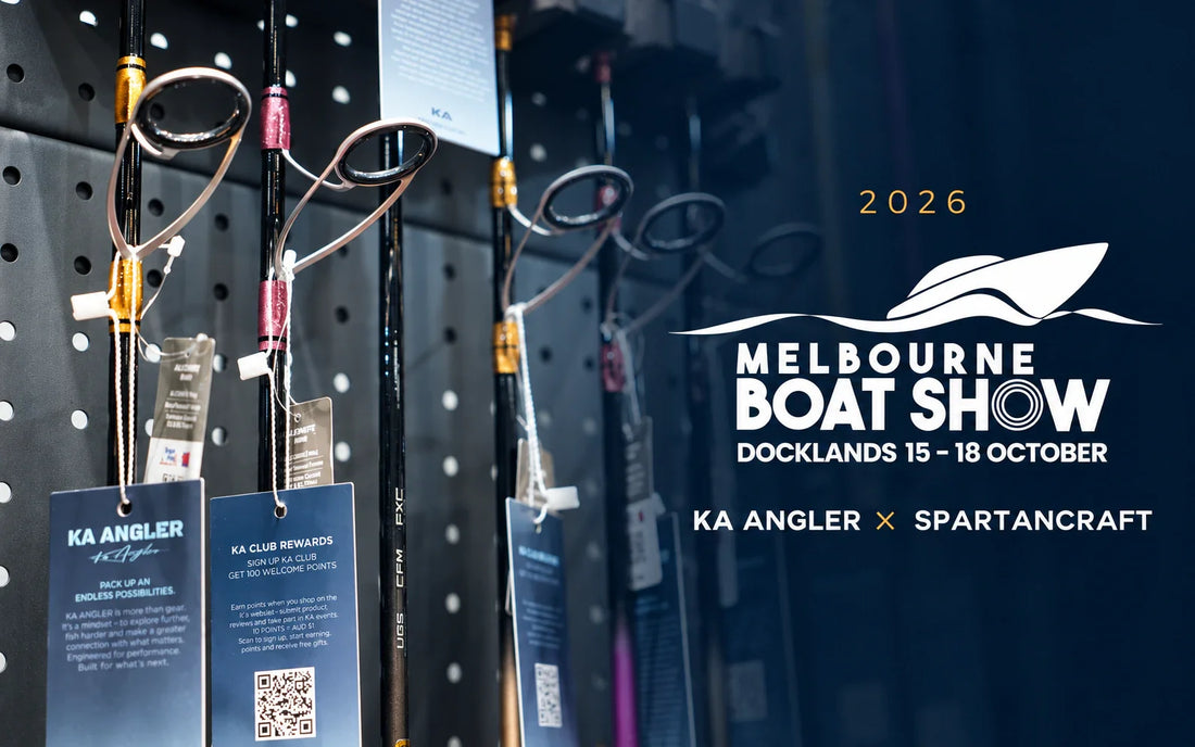 KA Angler fishing rods beside the Melbourne Boat Show 2026 logo, promoting KA Angler and Spartancraft at Docklands, 15–18 October.
