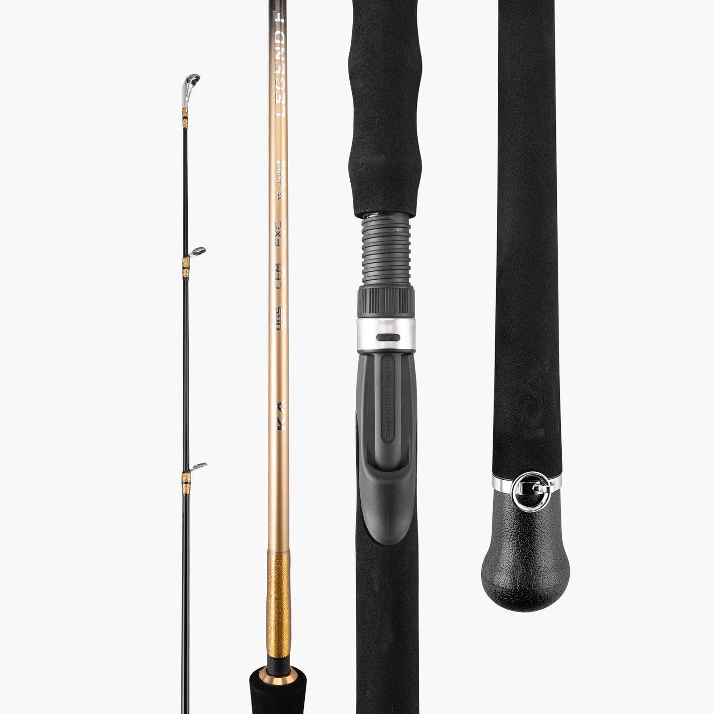 Legend F travel spinning rod with rod blank, reel seat, EVA grip and butt cap details (Gold)