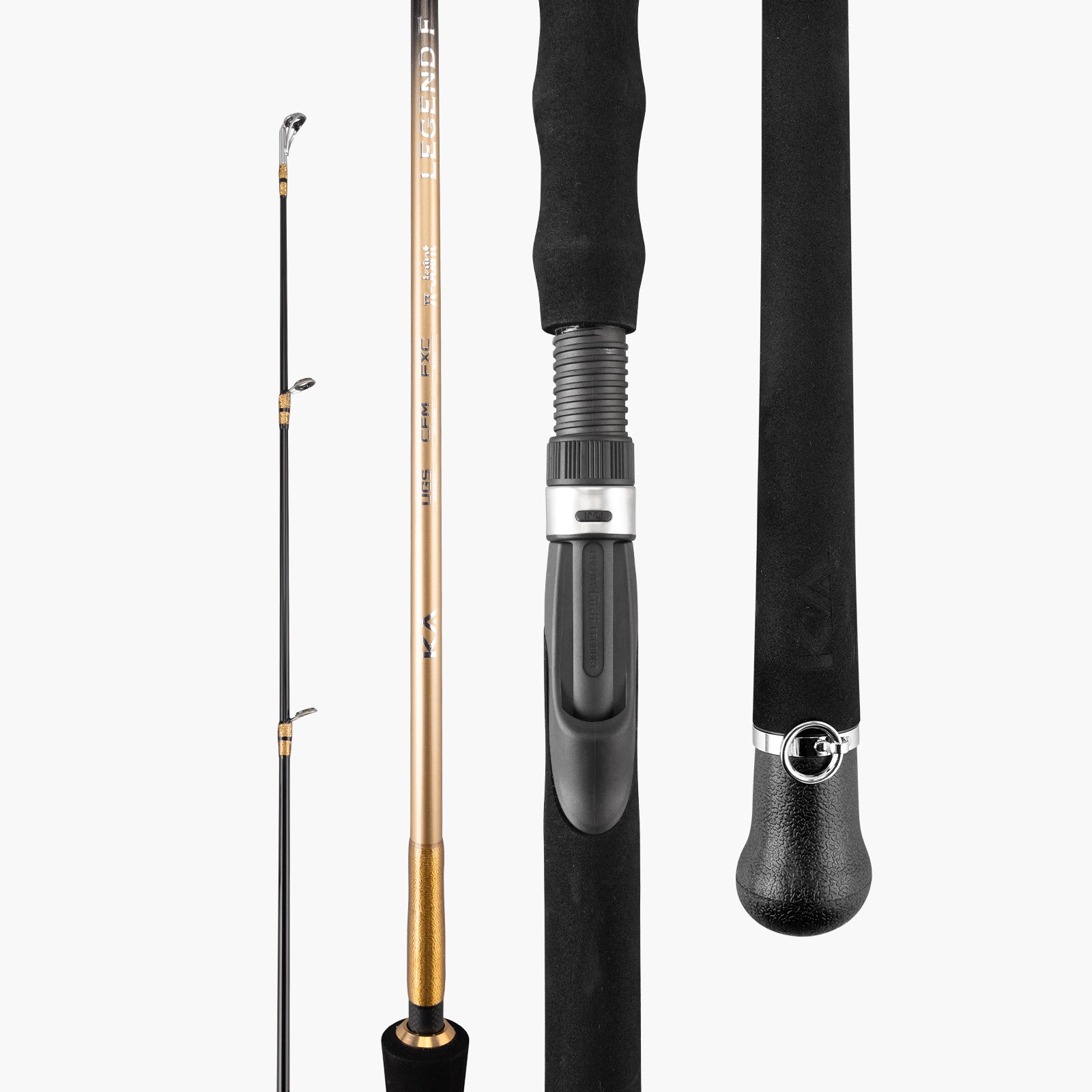 Legend F travel spinning rod with rod blank, reel seat, EVA grip and butt cap details (Gold)