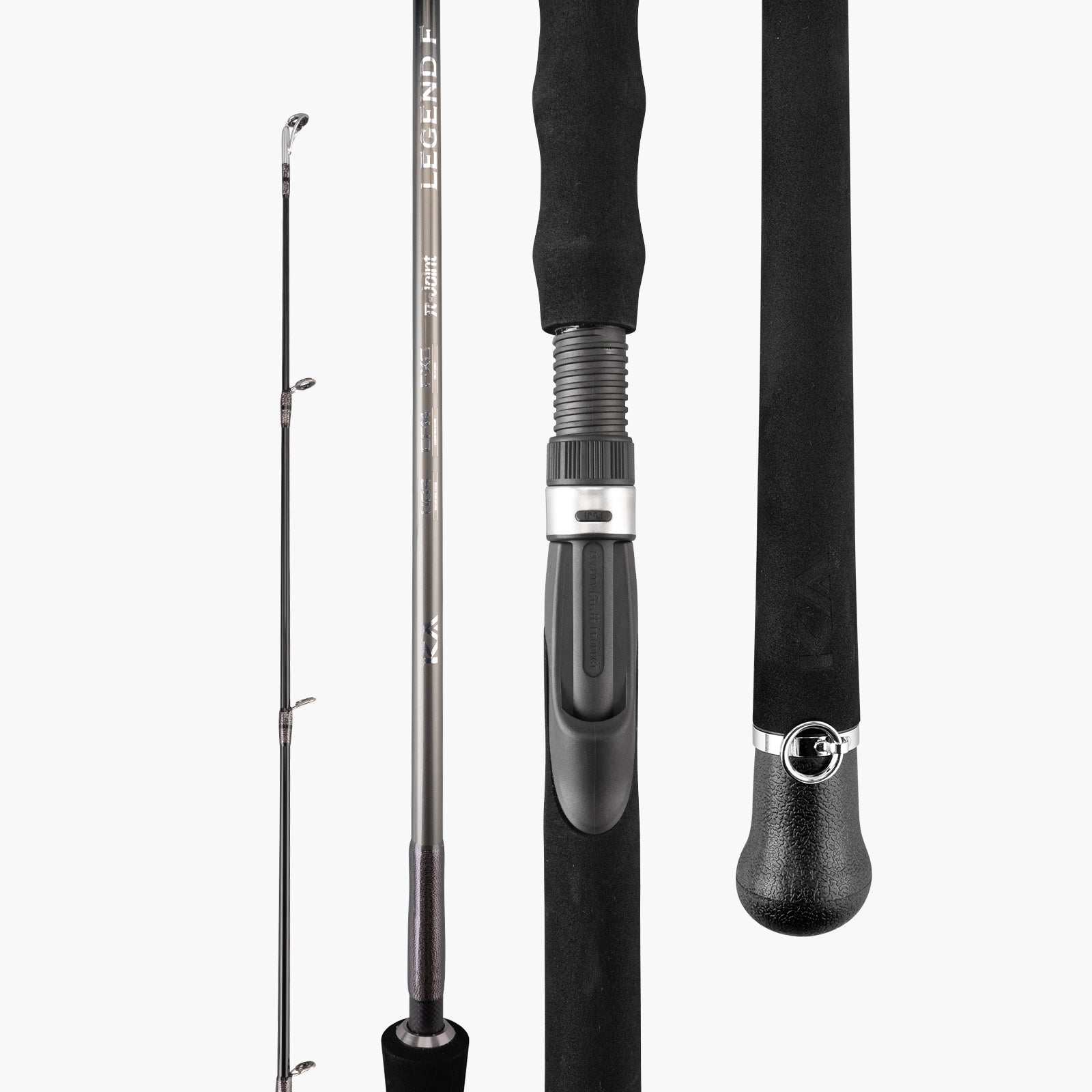 Legend F travel spinning rod with rod blank, reel seat, EVA grip and butt cap details (Gunmetal)