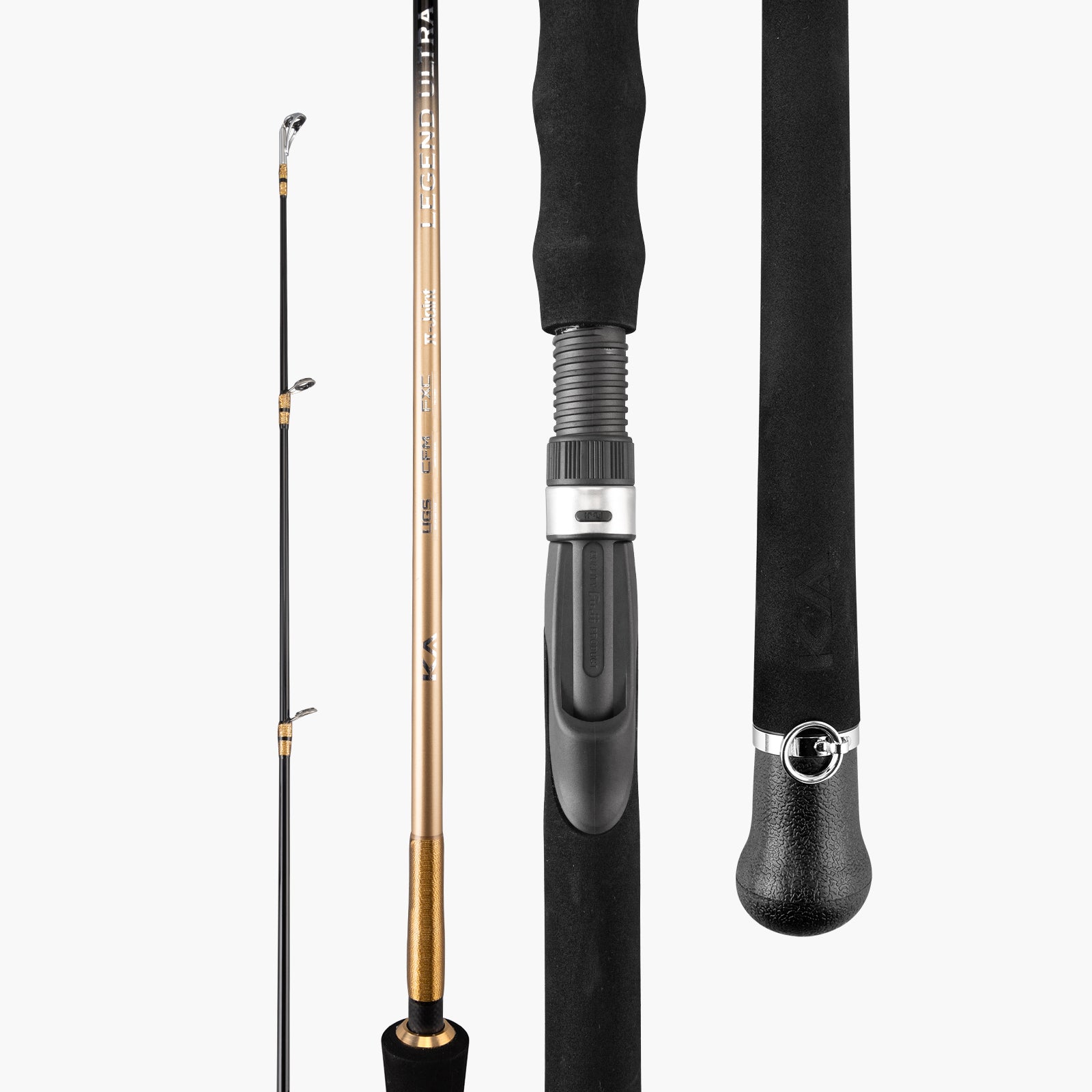 Legend Ultra travel spinning rod with rod blank, reel seat, EVA grip and butt cap details (Gold)