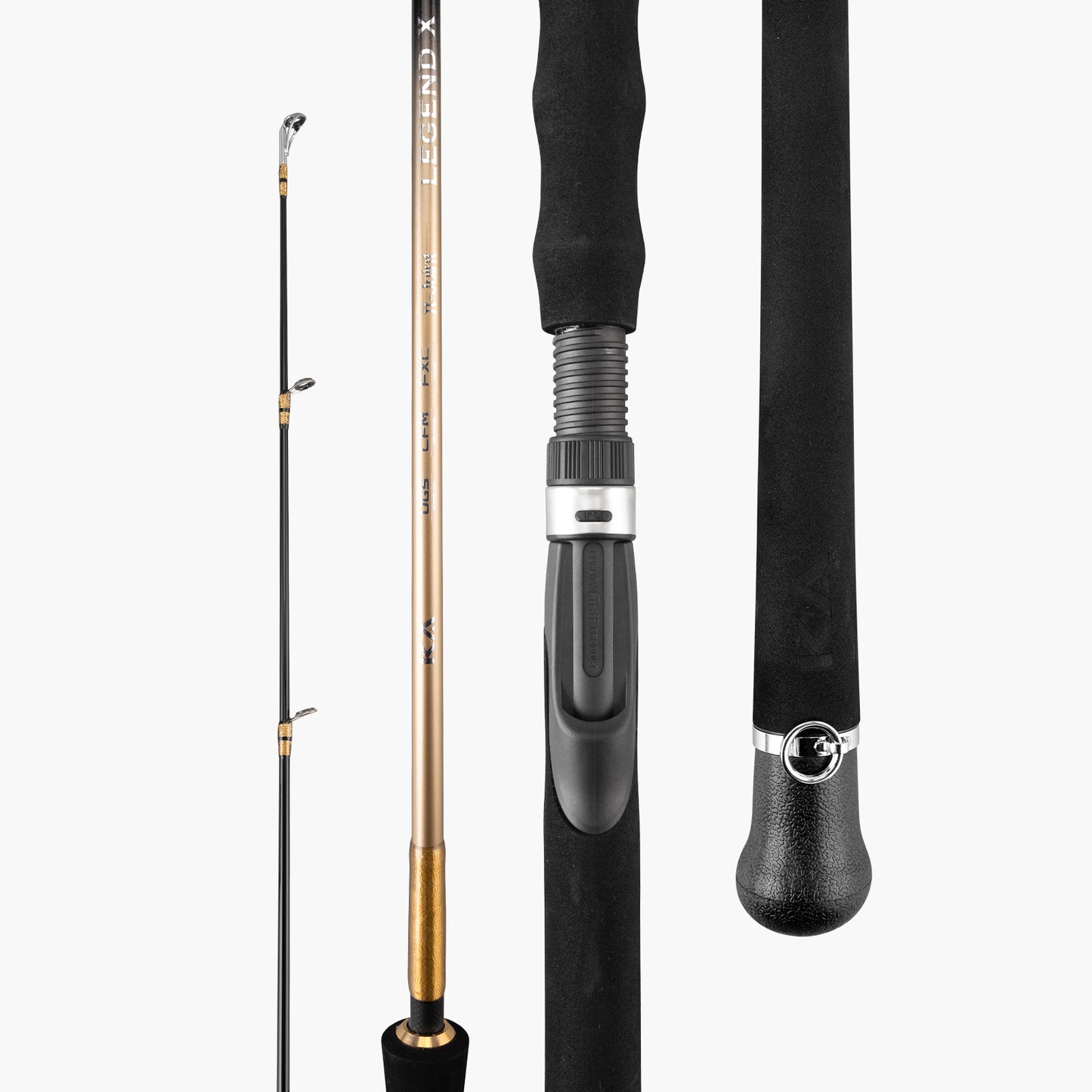 Legend X travel spinning rod with rod blank, reel seat, EVA grip and butt cap details (Gold)