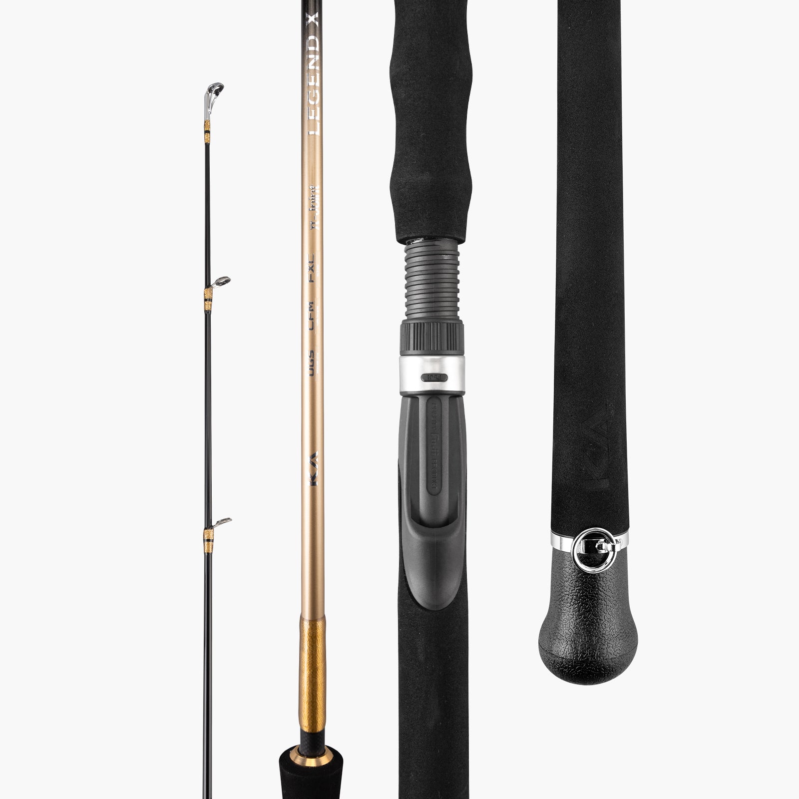 Legend X travel spinning rod with rod blank, reel seat, EVA grip and butt cap details (Gold)