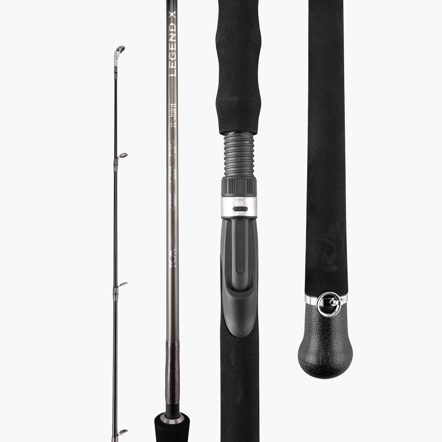 Legend X travel spinning rod with rod blank, reel seat, EVA grip and butt cap details (Gunmetal)