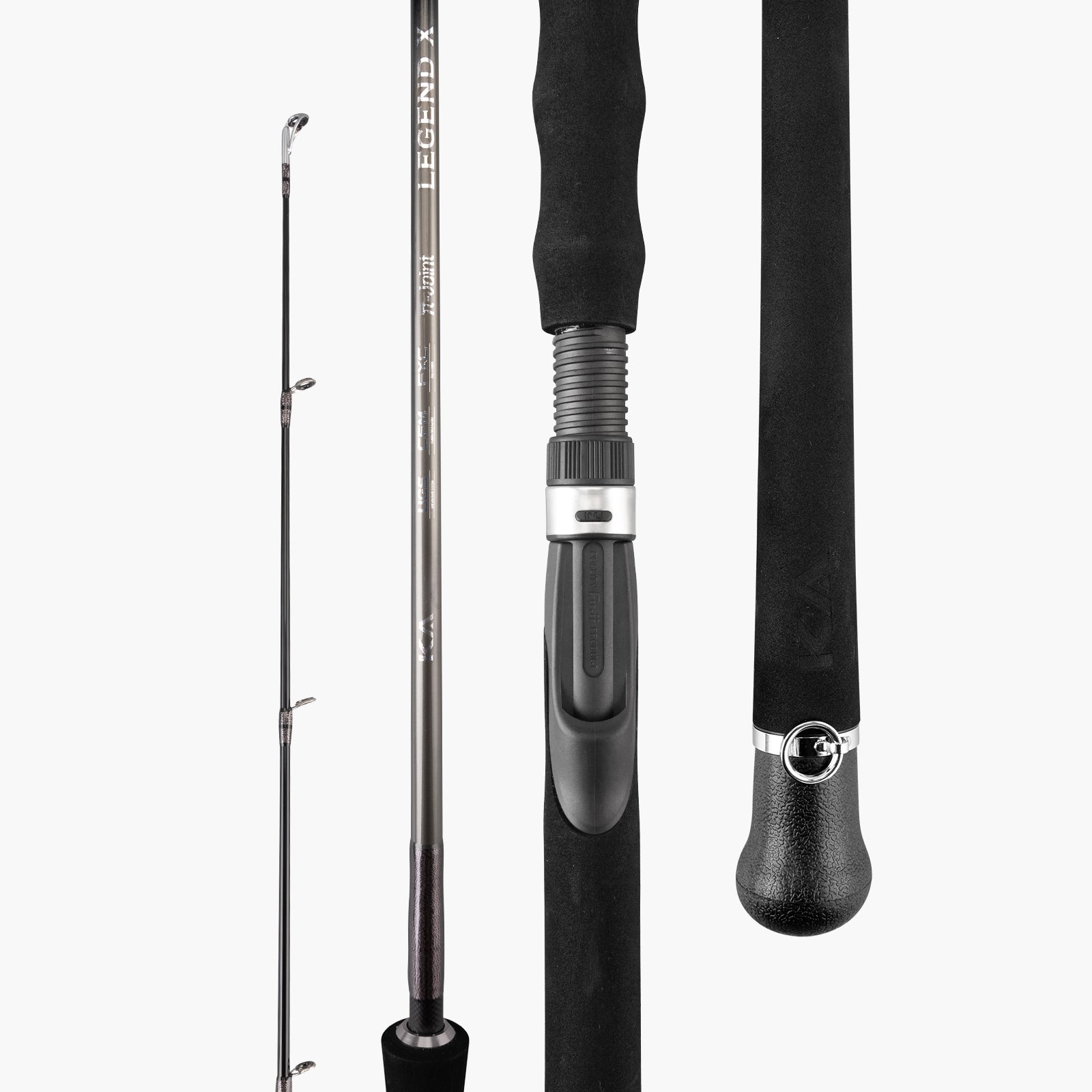 Legend X travel spinning rod with rod blank, reel seat, EVA grip and butt cap details (Gunmetal)