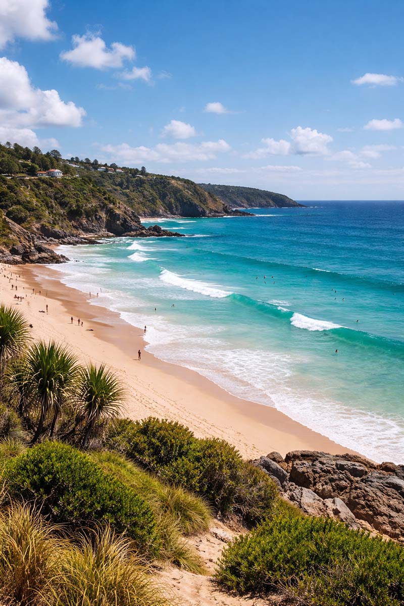 Realistic view of the Australian coastline with turquoise ocean, sandy beach and coastal cliffs.